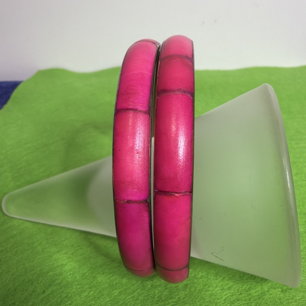 Vintage Hot Pink and Gold Tone Metal Bangle Bracelet Estate Set 2 Collectible